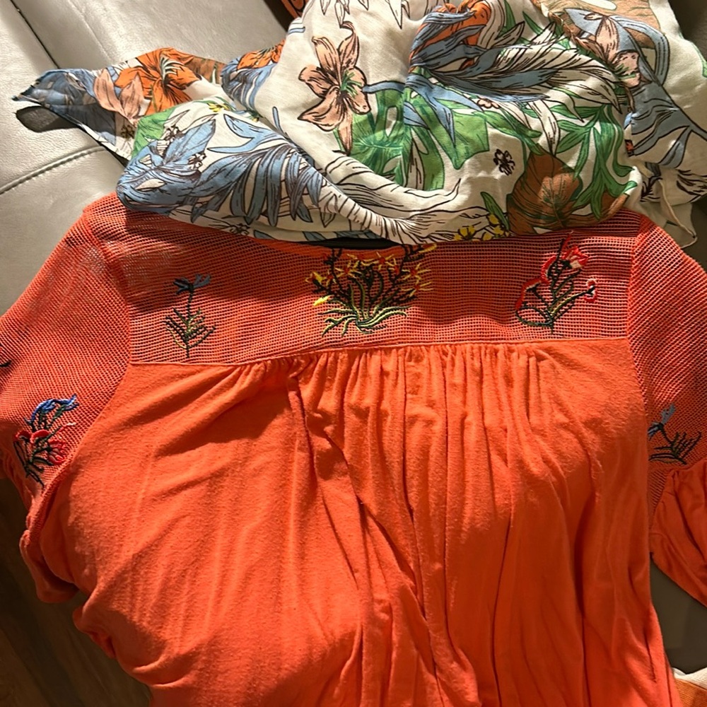 Mesh embroidery top with flower stitching on the  collor and sleeves.